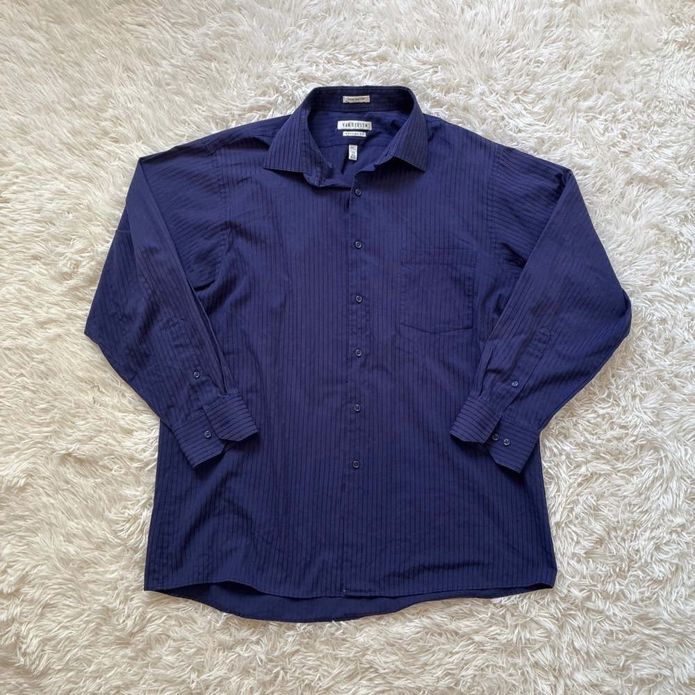 Y2K Van Heusen Lux Satin Navy Blue Pinstripe Dress Shirt Regular Fit 16.5 32/33